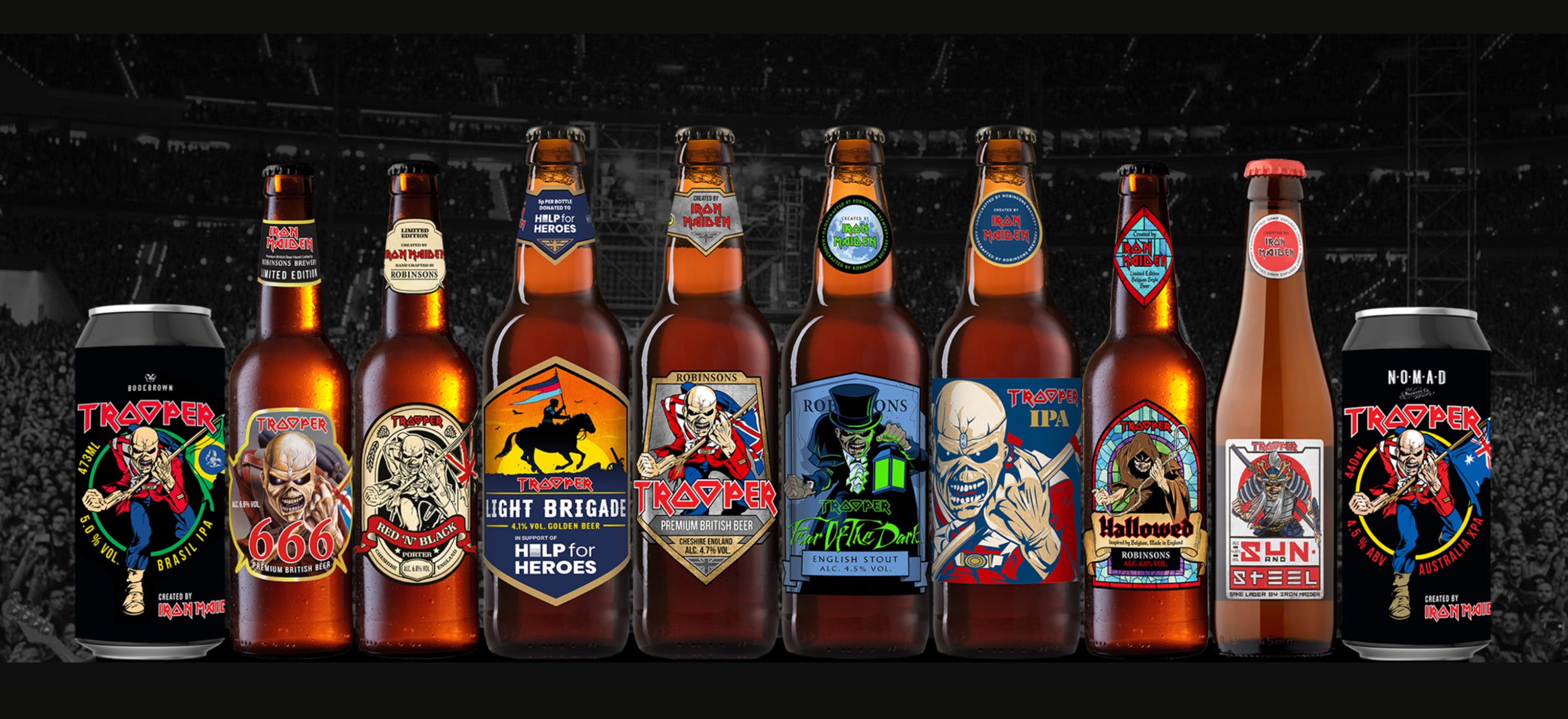Lineup of Iron Maiden Trooper beers featuring various editions including 666, Red ‘N’ Black, Light Brigade, Fear of the Dark, Sun and Steel, and more.