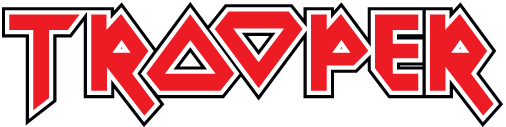 Iron Maiden Trooper logo featuring bold red text outlined in white, designed in a distinctive blocky font, representing the iconic British band’s premium beer brand.